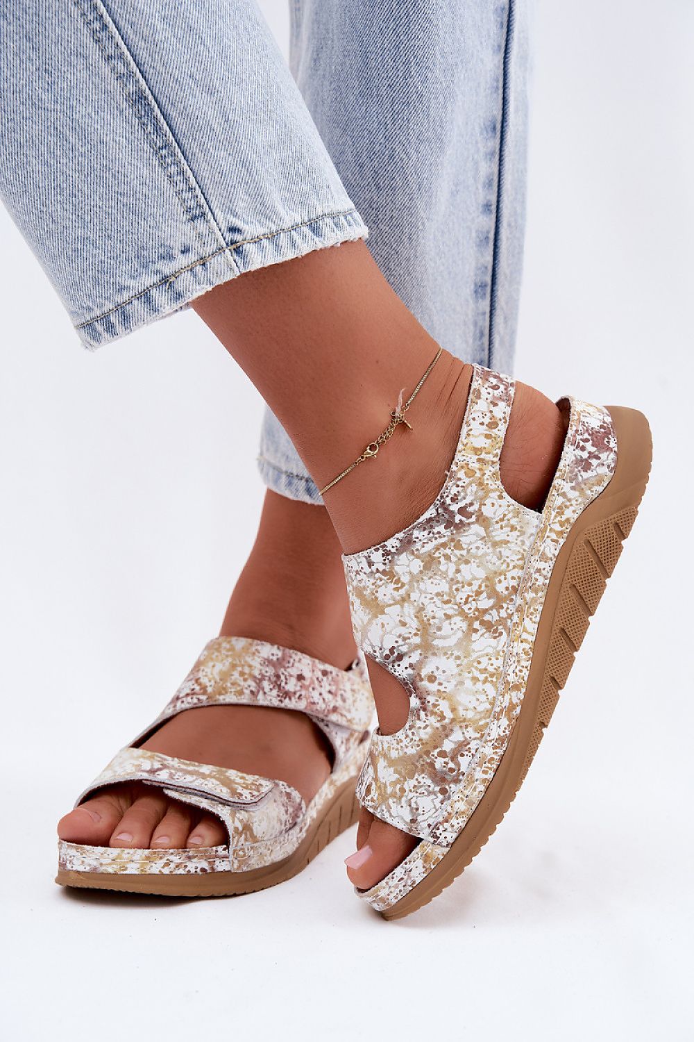 Women's White and Brown Leather Platform Sandals detail view