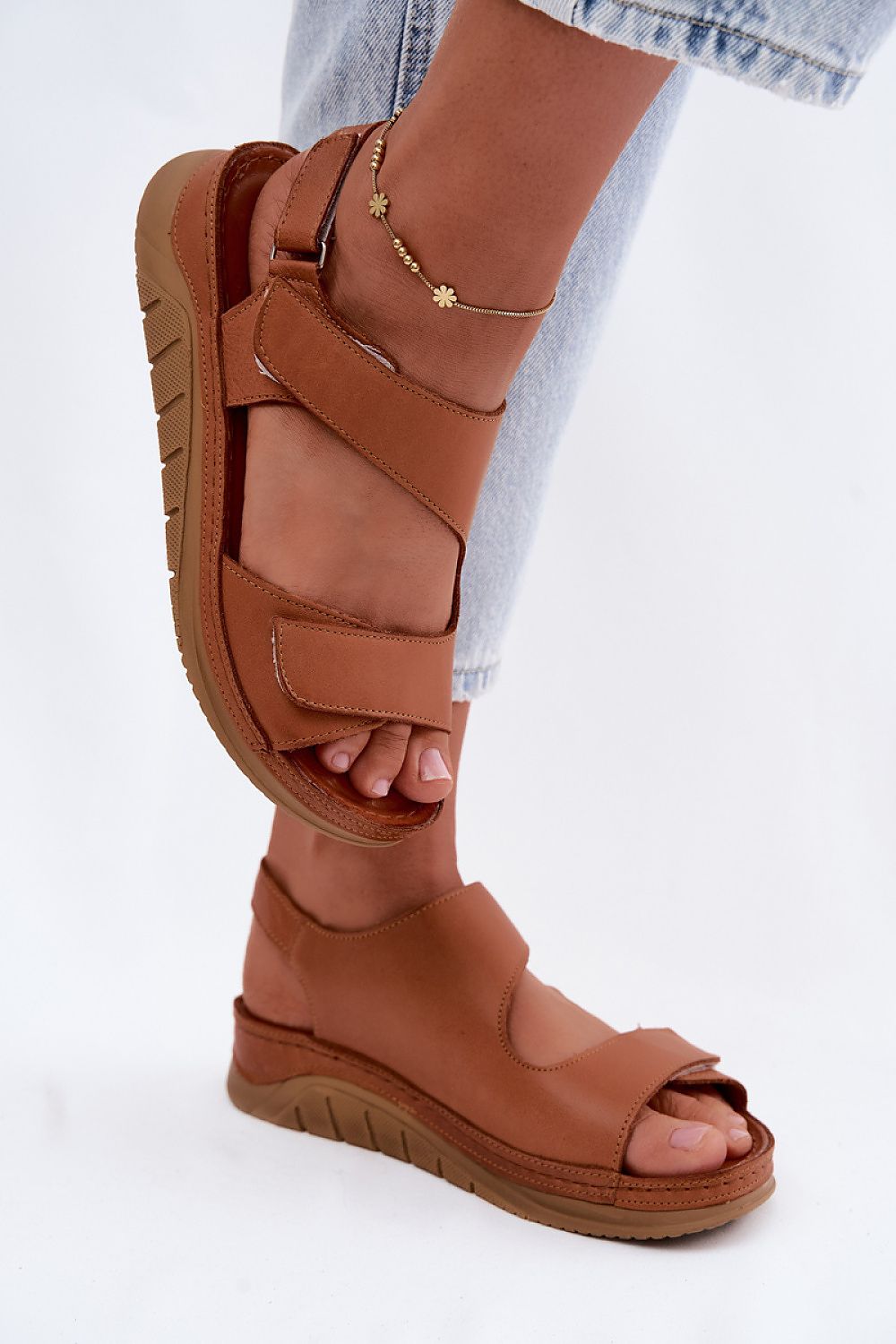 Women's White and Brown Leather Platform Sandals back view
