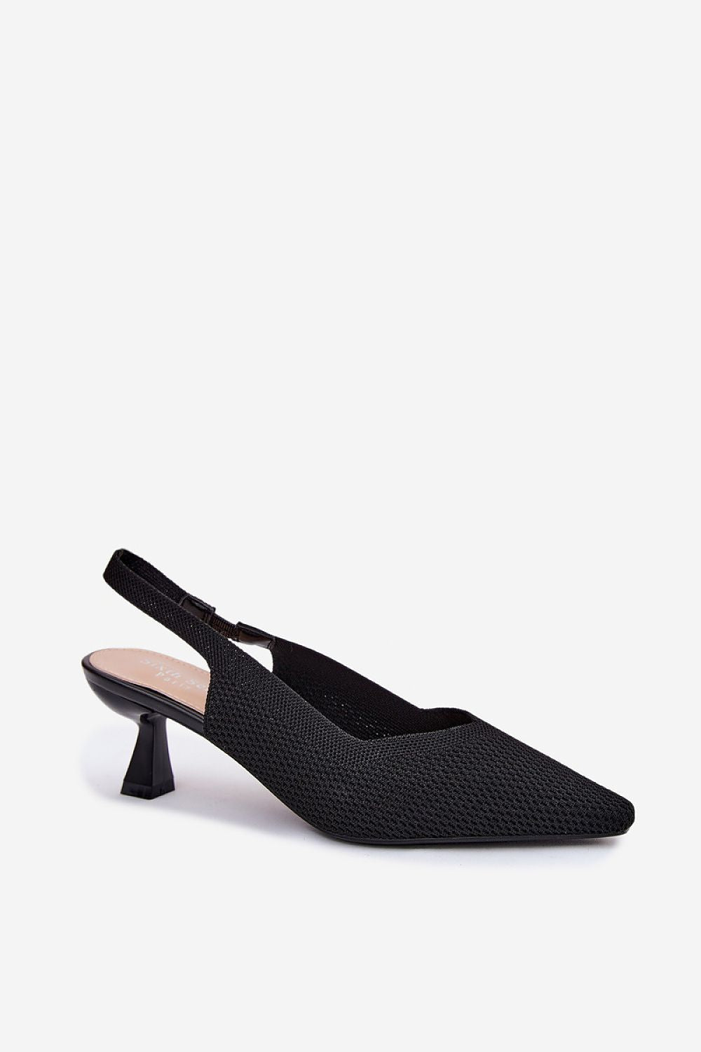 Women's Black, Brown, and Beige Fabric Heeled Sandals side view