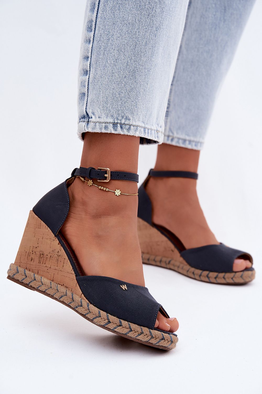Women's Navy Blue Eco Leather Strap Detail 9 Cm Heel Wedge Sandals front view