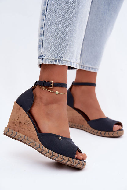 Women's Navy Blue Eco Leather Strap Detail 9 Cm Heel Wedge Sandals front view