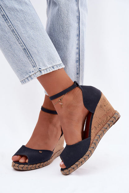 Women's Navy Blue Eco Leather Strap Detail 9 Cm Heel Wedge Sandals detail view