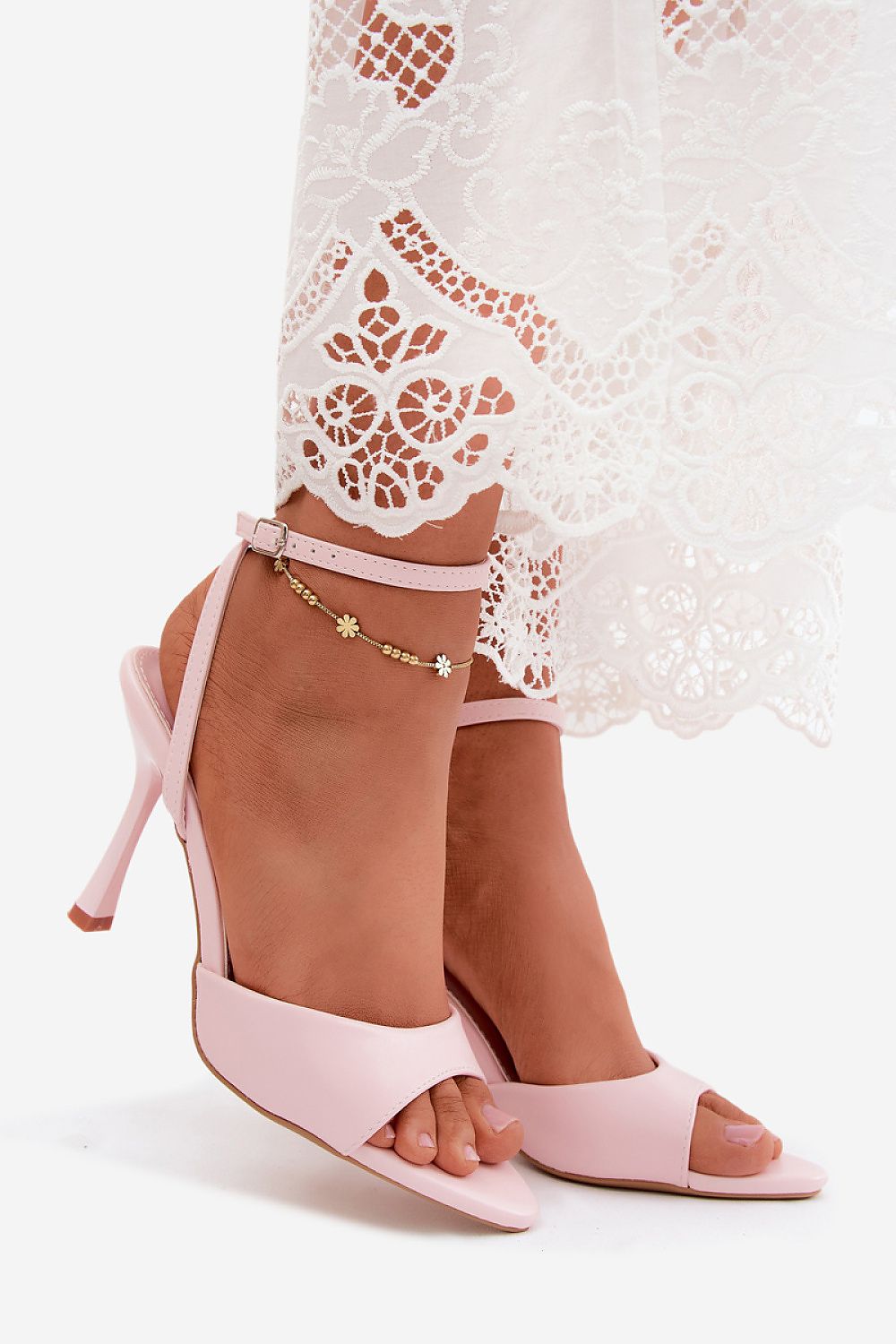 Women's Pink Faux Leather Strap Detail Heeled Sandals front view