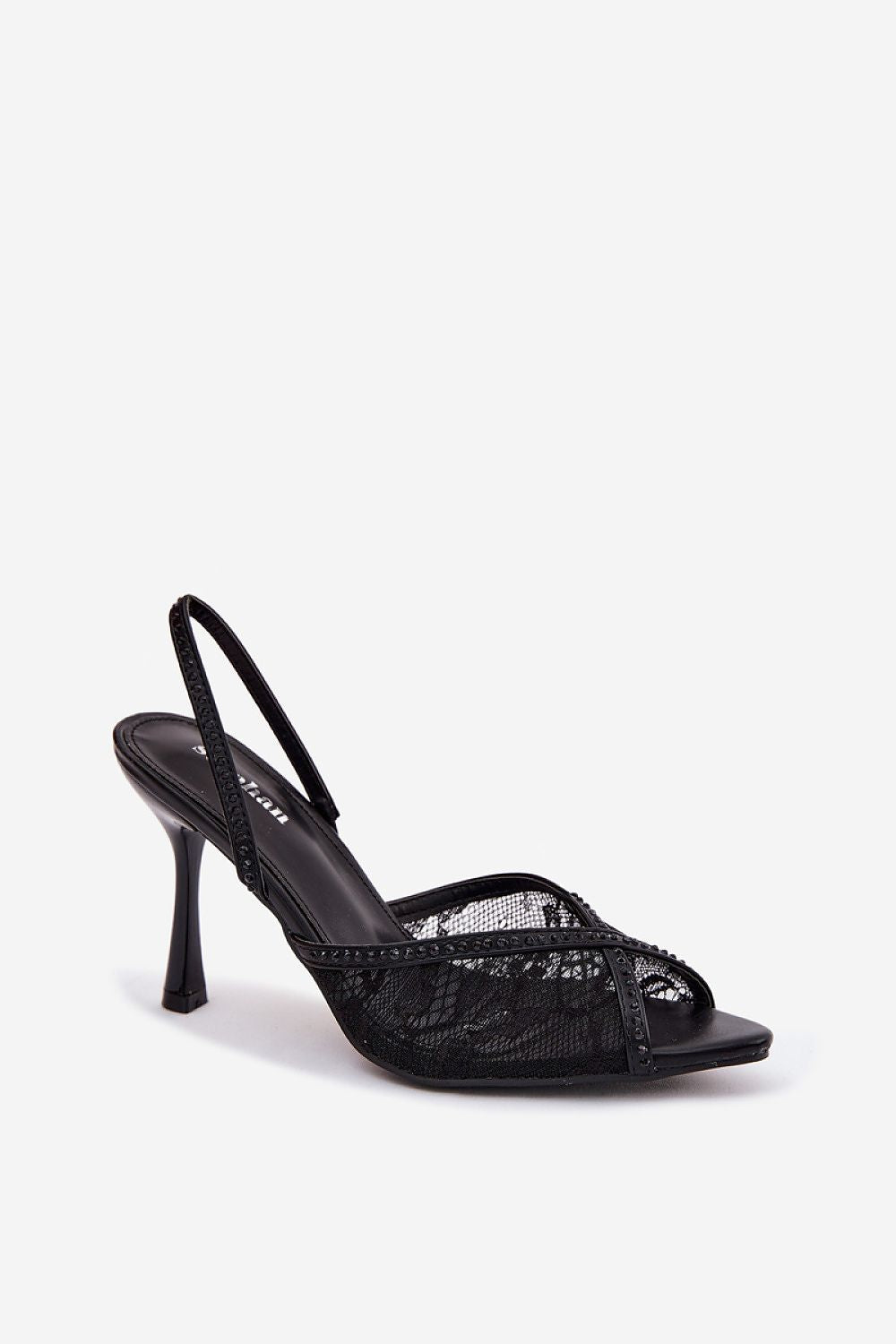 Women's Black Fabric Heeled Sandals side view