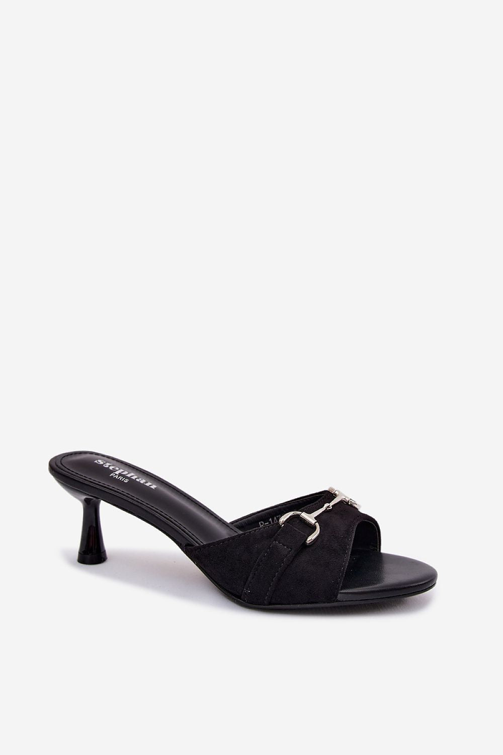 Women's Black Suede Heeled Sandals side view
