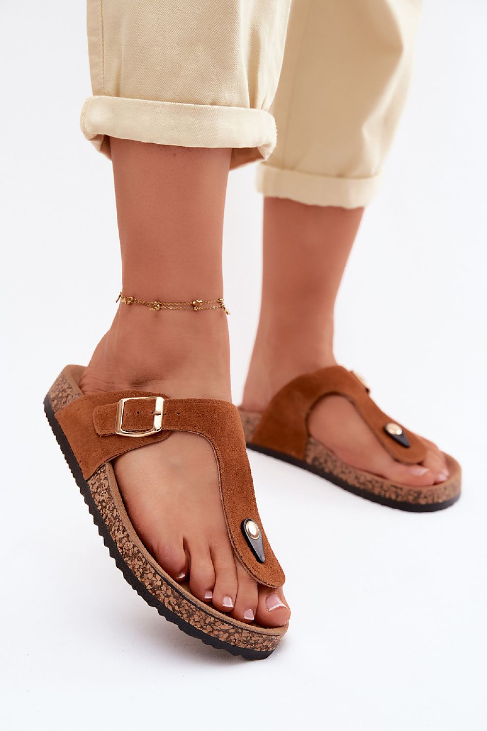 Women's Beige and Brown Suede Platform Sole Strap Detail Japanese Flip-flops view 7