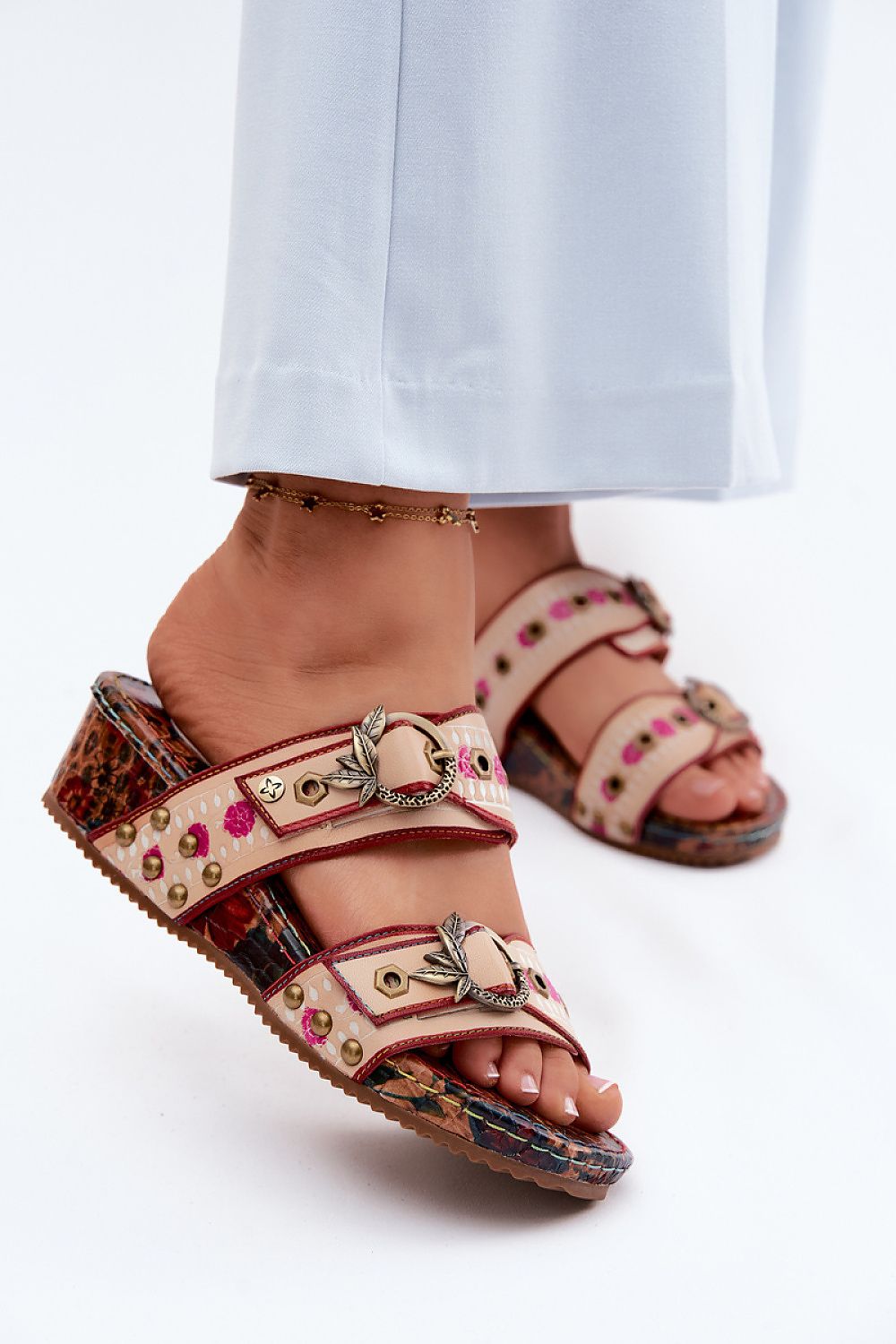 Women's Multicolor Leather 5 Cm Heel Wedge Sandals front view