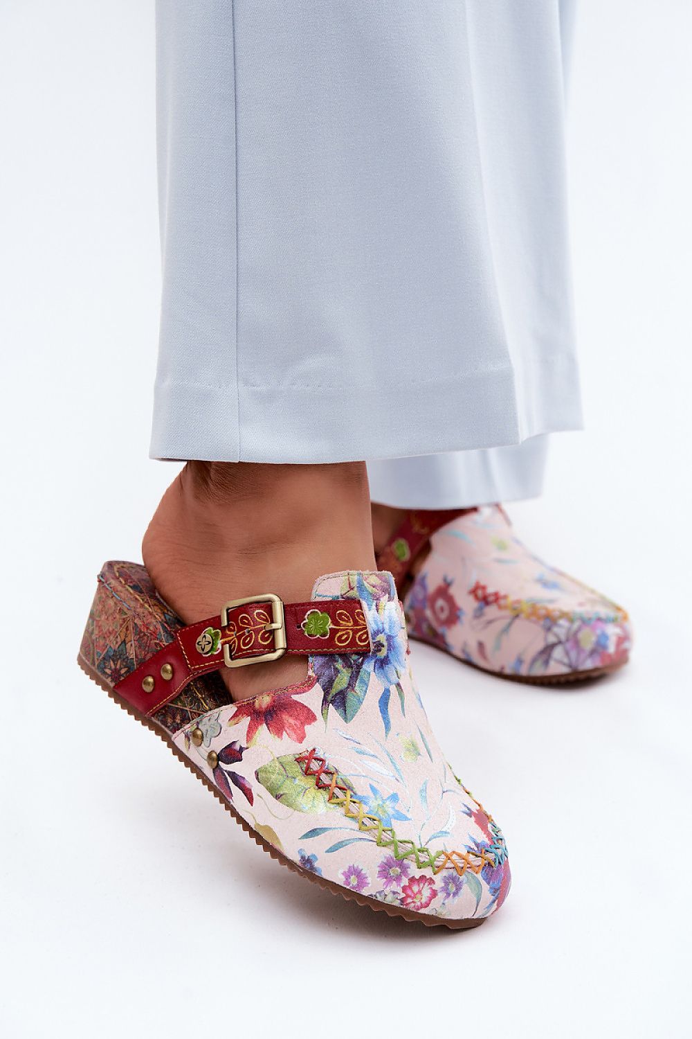 Women's Multicolor Leather Strap Detail 5 Cm Heel Wedge Sandals front view