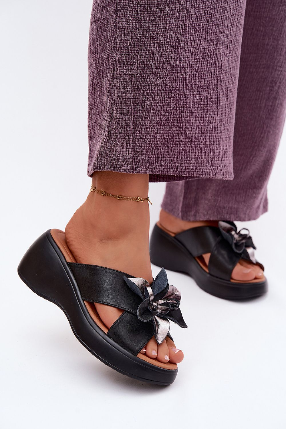 Women's Black and Beige Leather Strap Detail 7 Cm Heel Wedge Sandals front view