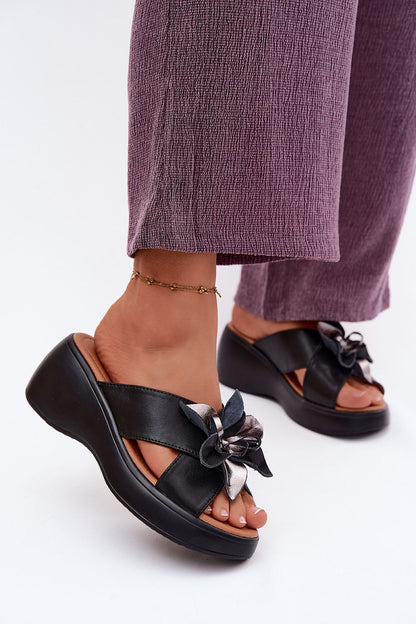 Women's Black and Beige Leather Strap Detail 7 Cm Heel Wedge Sandals front view