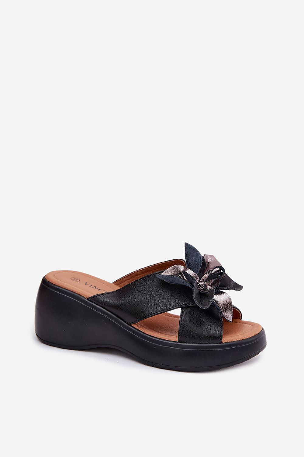 Women's Black and Beige Leather Strap Detail 7 Cm Heel Wedge Sandals side view
