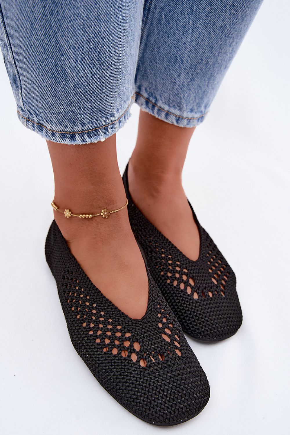 Women's Black and Pink Fabric Openwork Detail Ballet Flats detail view