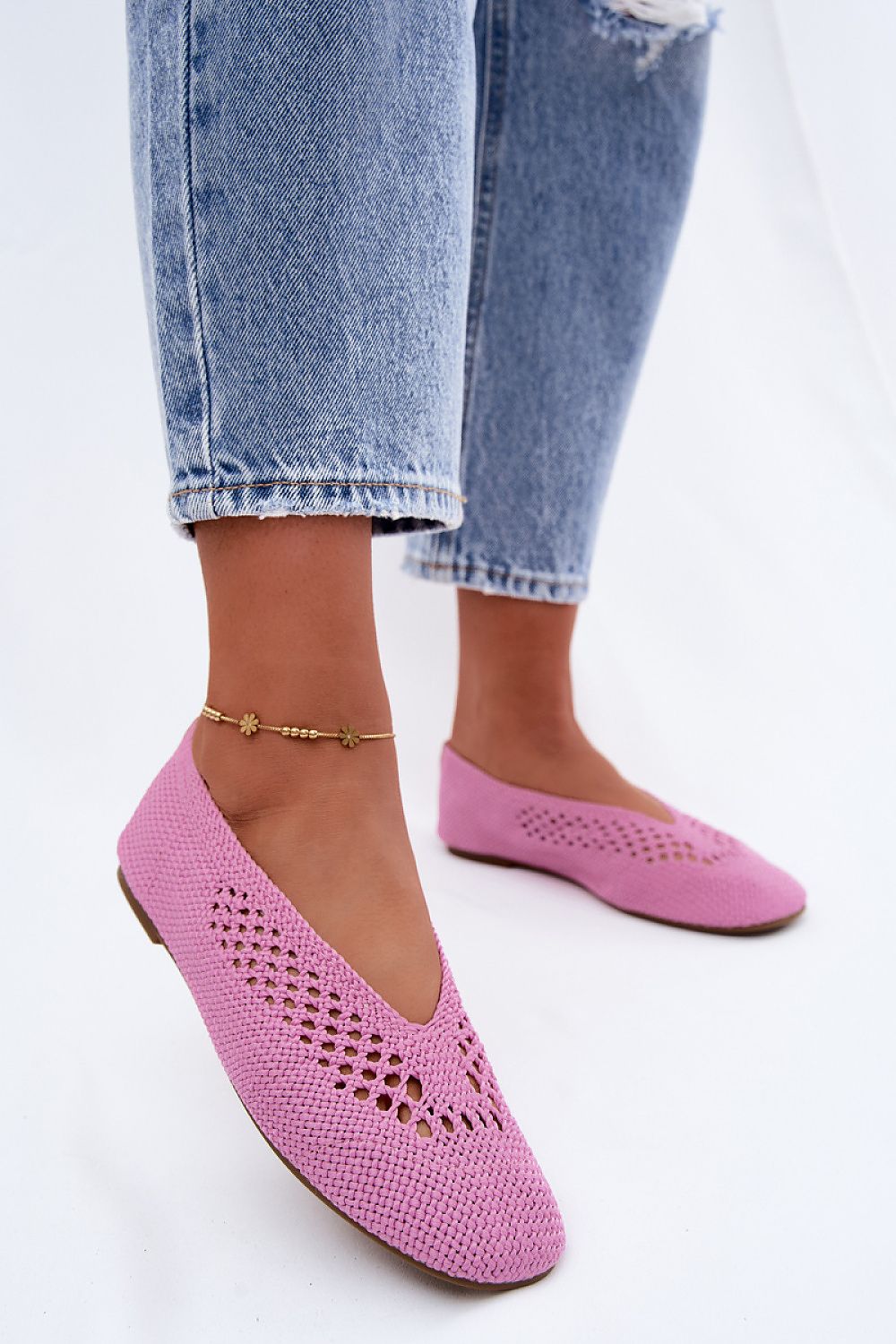 Women's Black and Pink Fabric Openwork Detail Ballet Flats back view