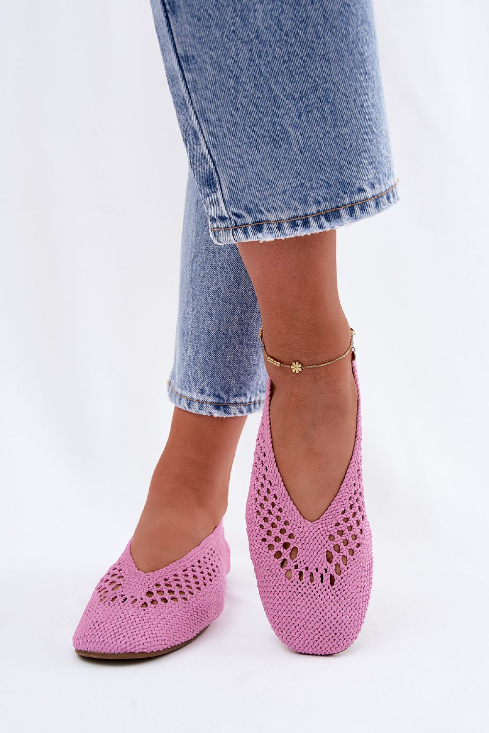 Women's Black and Pink Fabric Openwork Detail Ballet Flats view 6
