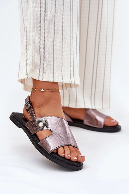 Women's Grey Faux Leather Strap Detail 1.5 Cm Heel Sandals back view