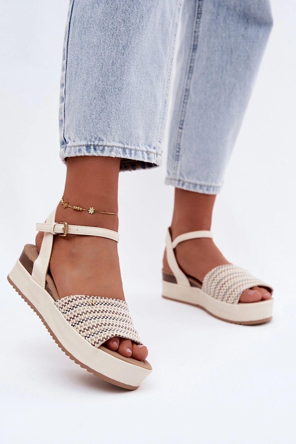 Women's Beige Strap Detail 5 Cm Heel Wedge Sandals back view