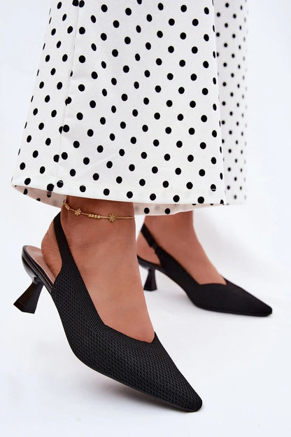 Women's Black, Brown, and Beige Fabric Heeled Sandals back view