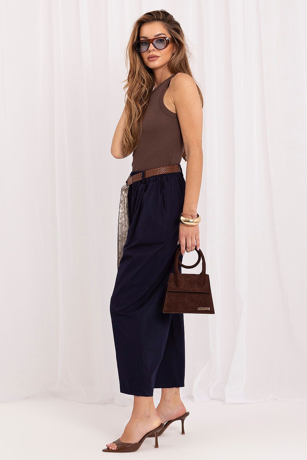 Women's Navy Blue and Black Easy-fit Elastic Detail Women Trousers side view