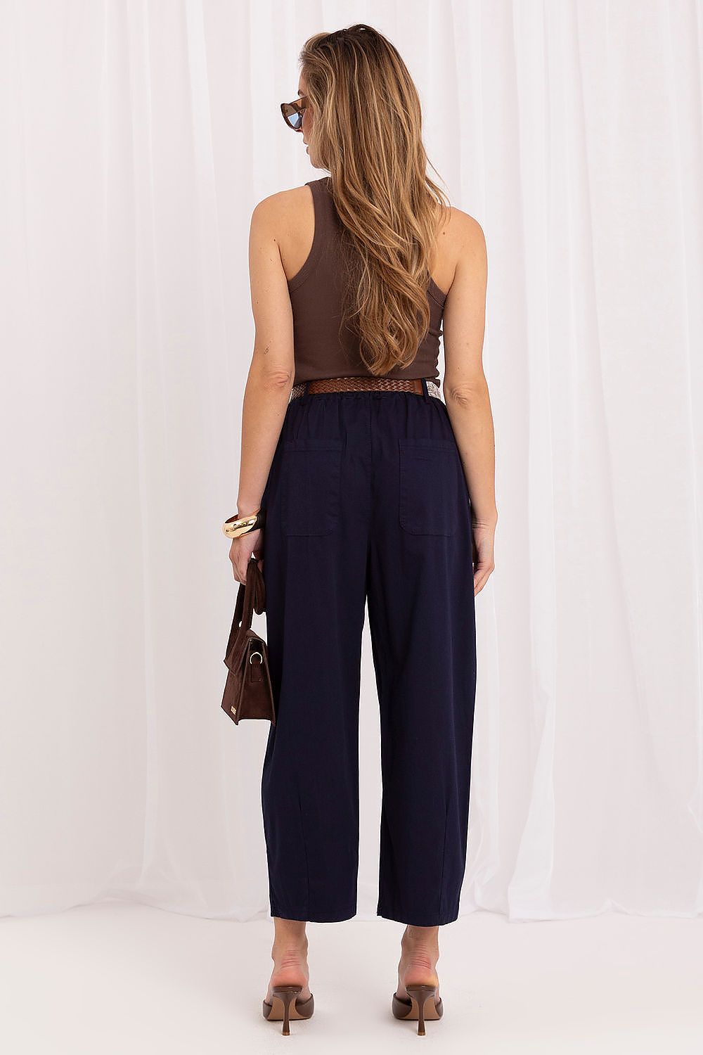 Women's Navy Blue and Black Easy-fit Elastic Detail Women Trousers detail view