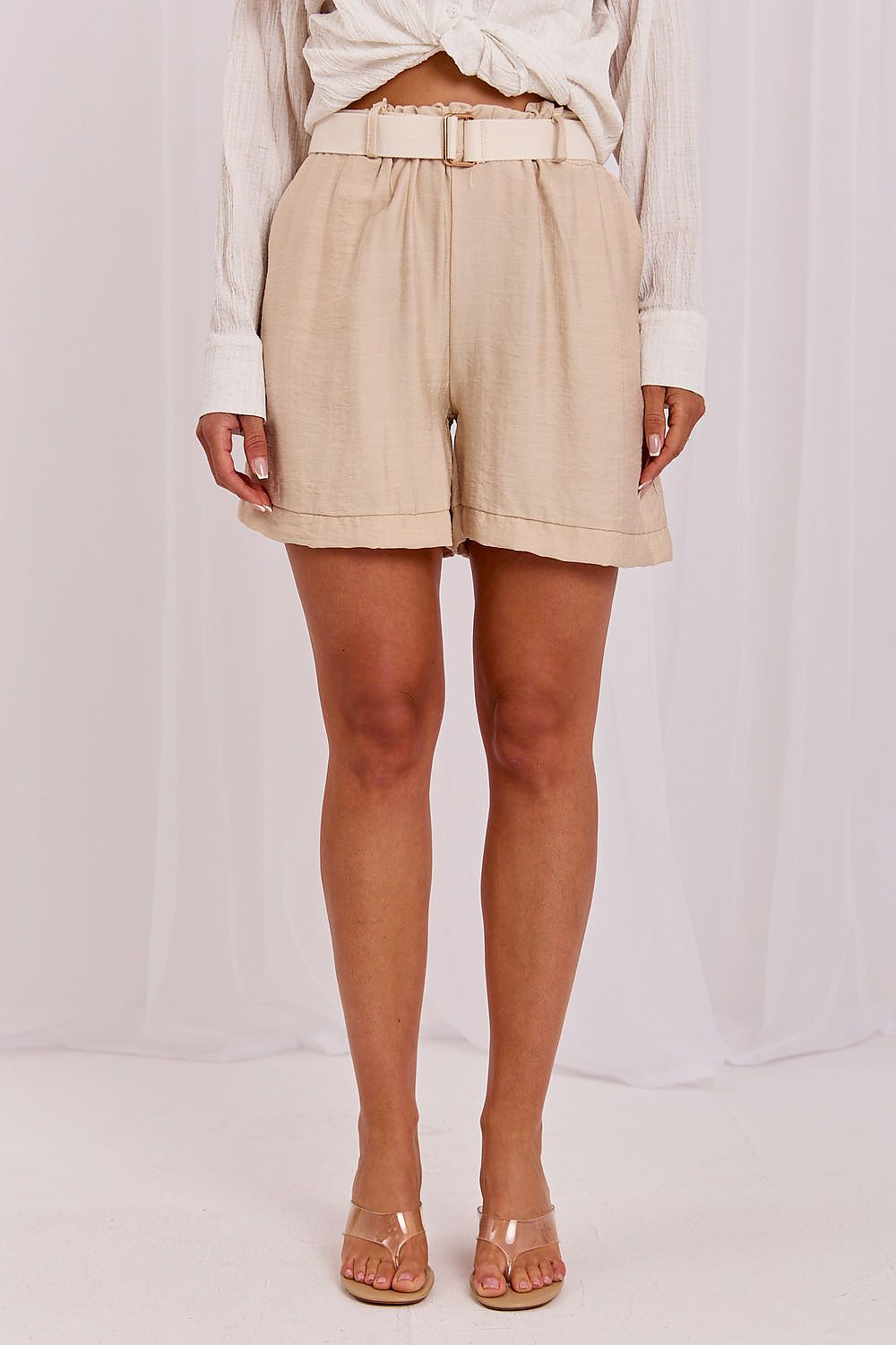 Women's Beige and Brown Easy-fit Elastic Detail Shorts view 21