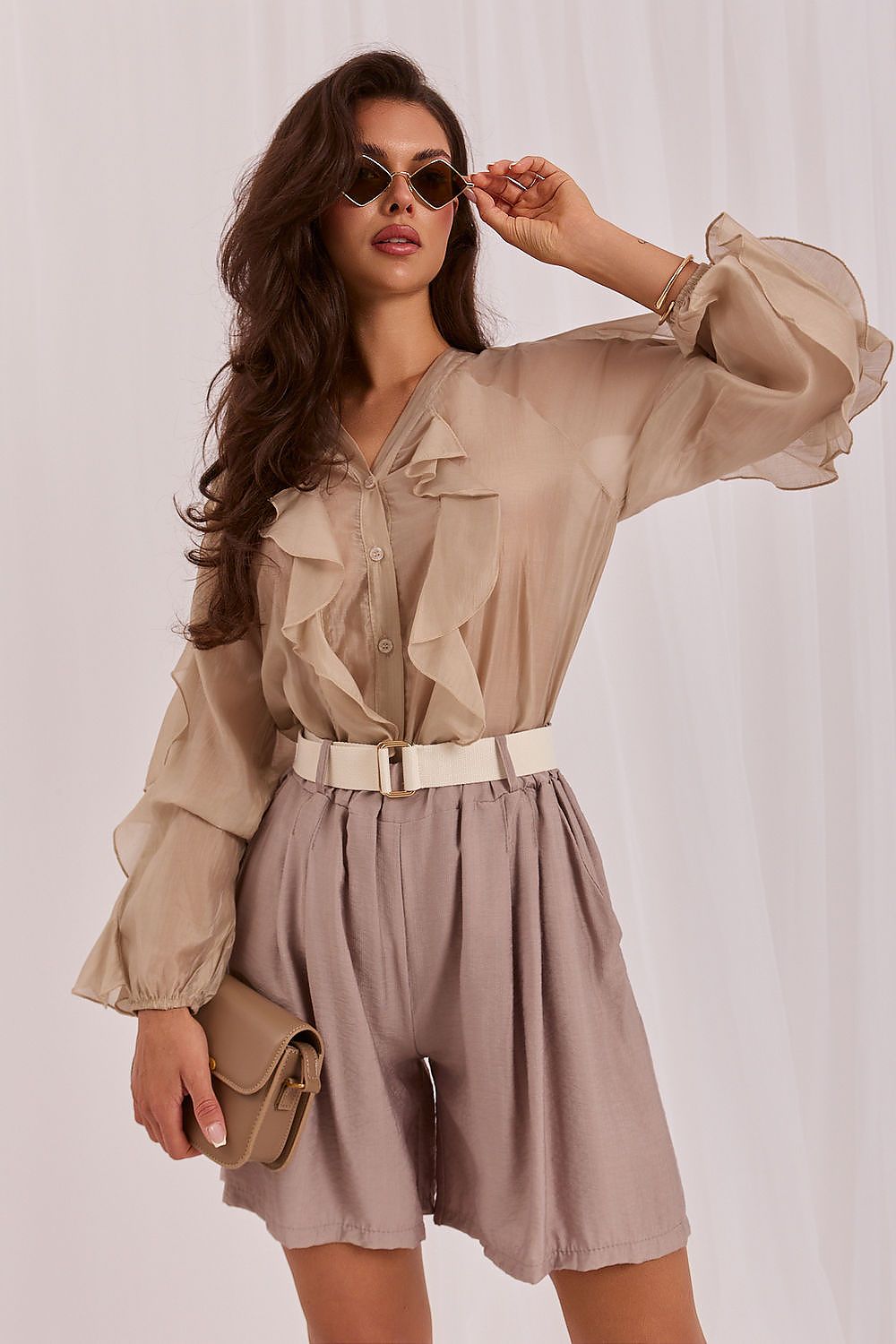 Women's Beige, Brown, and Black Easy-fit Elastic Detail Shorts view 20
