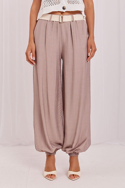 Women's Beige and Black Easy-fit Elastic Detail Women Trousers view 11