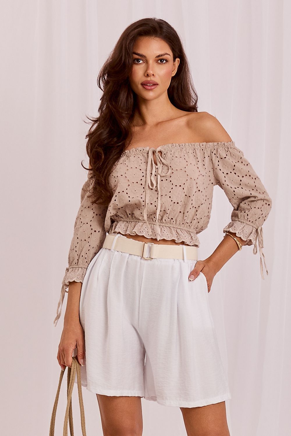 Women's Beige, Brown, and Black Easy-fit Elastic Detail Shorts view 19