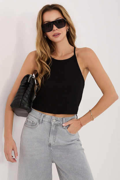 Women's Black, White, and Violet Strap Detail Easy-fit Elastic Detail Top front view