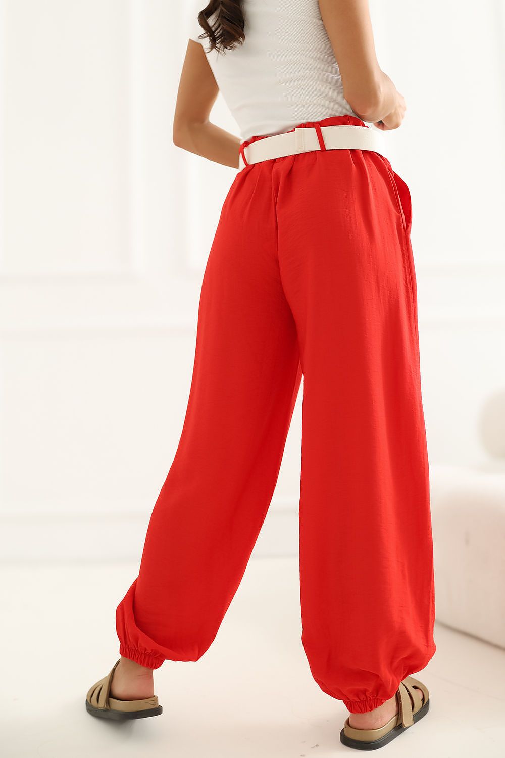 Women's Beige and Black Easy-fit Elastic Detail Women Trousers view 24