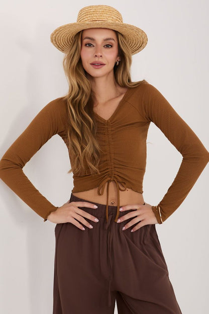 Women's Brown, Beige, and Black Easy-fit Elastic Detail Blouse back view