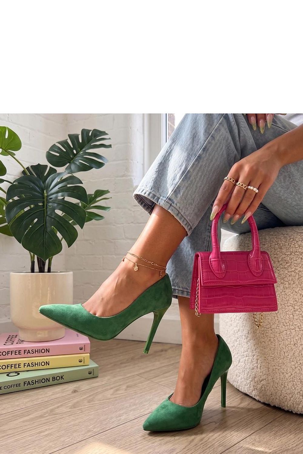 Women's Yellow and Green Suede High Heels back view