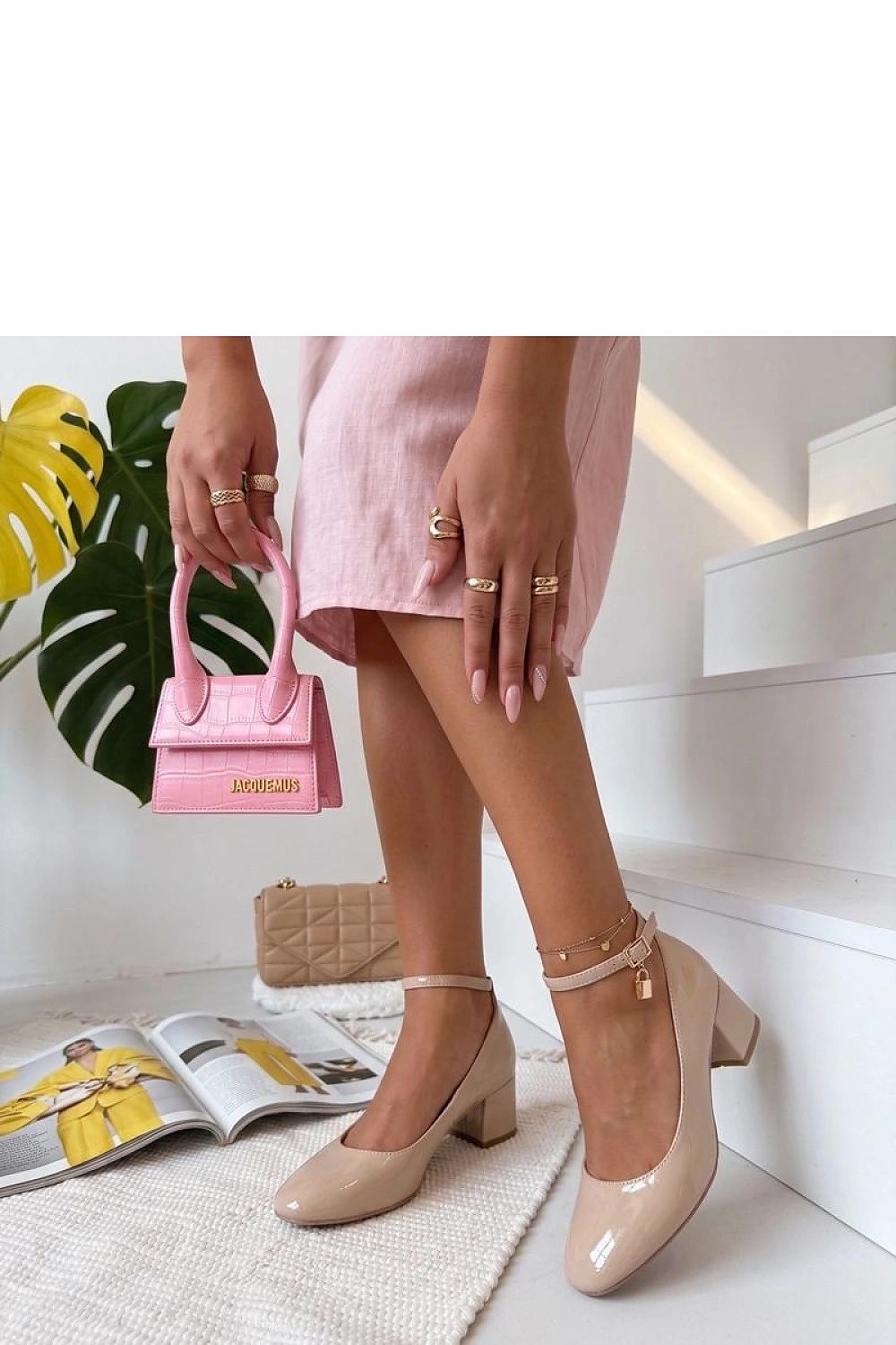 Women's Beige Block Heel Strap Detail Heel Pumps side view