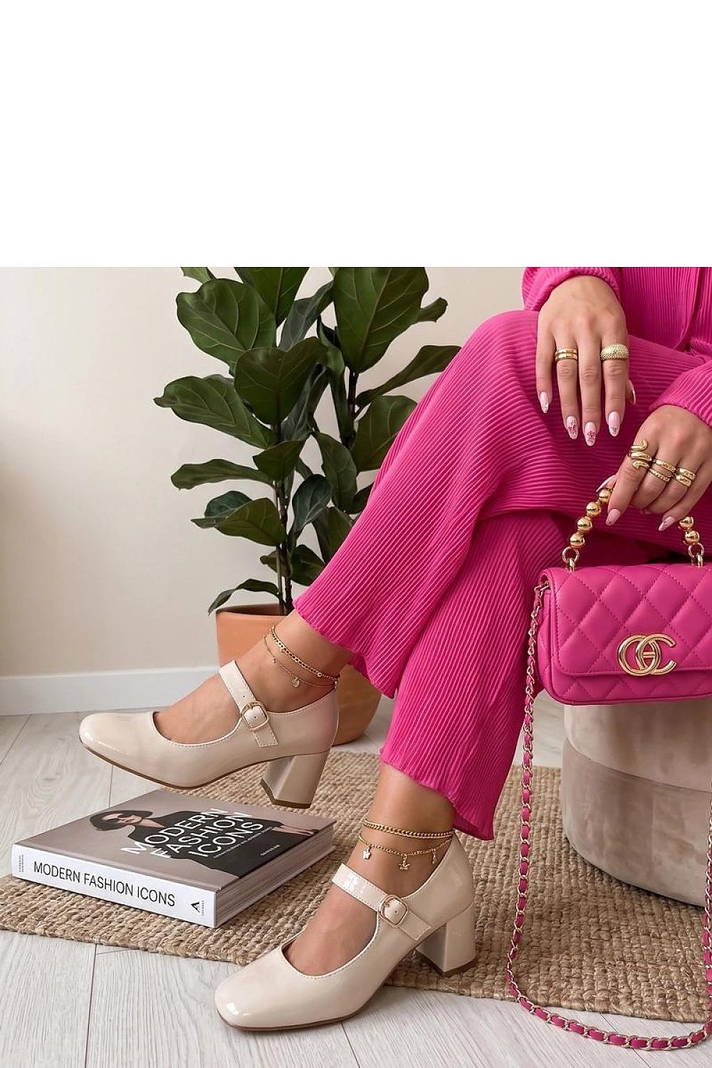 Women's Beige Block Heel Strap Detail Heel Pumps front view