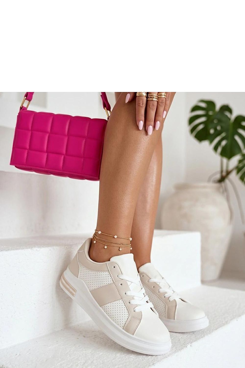 Women's White and Beige Faux Leather Platform Sole Sport Sneakers back view
