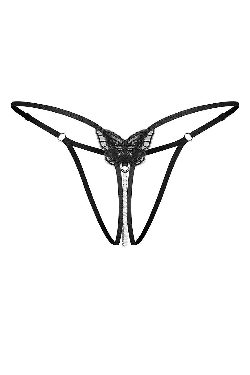 Women's Black Strap Detail Easy-fit Elastic Detail T-backs Lace back view