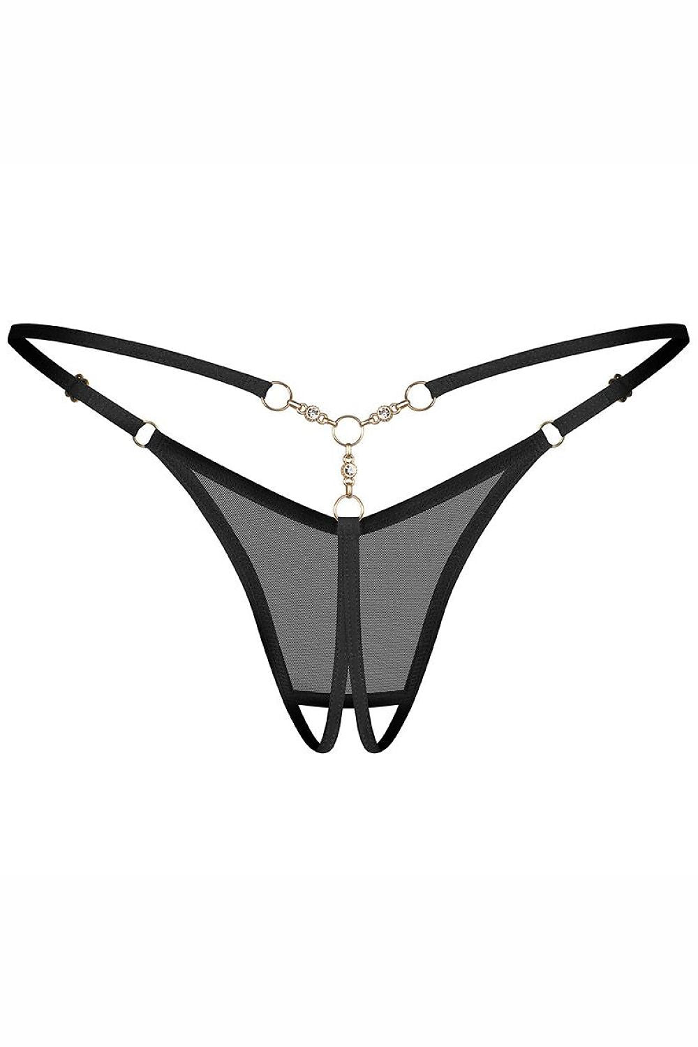 Women's Black Strap Detail T-backs Lace back view