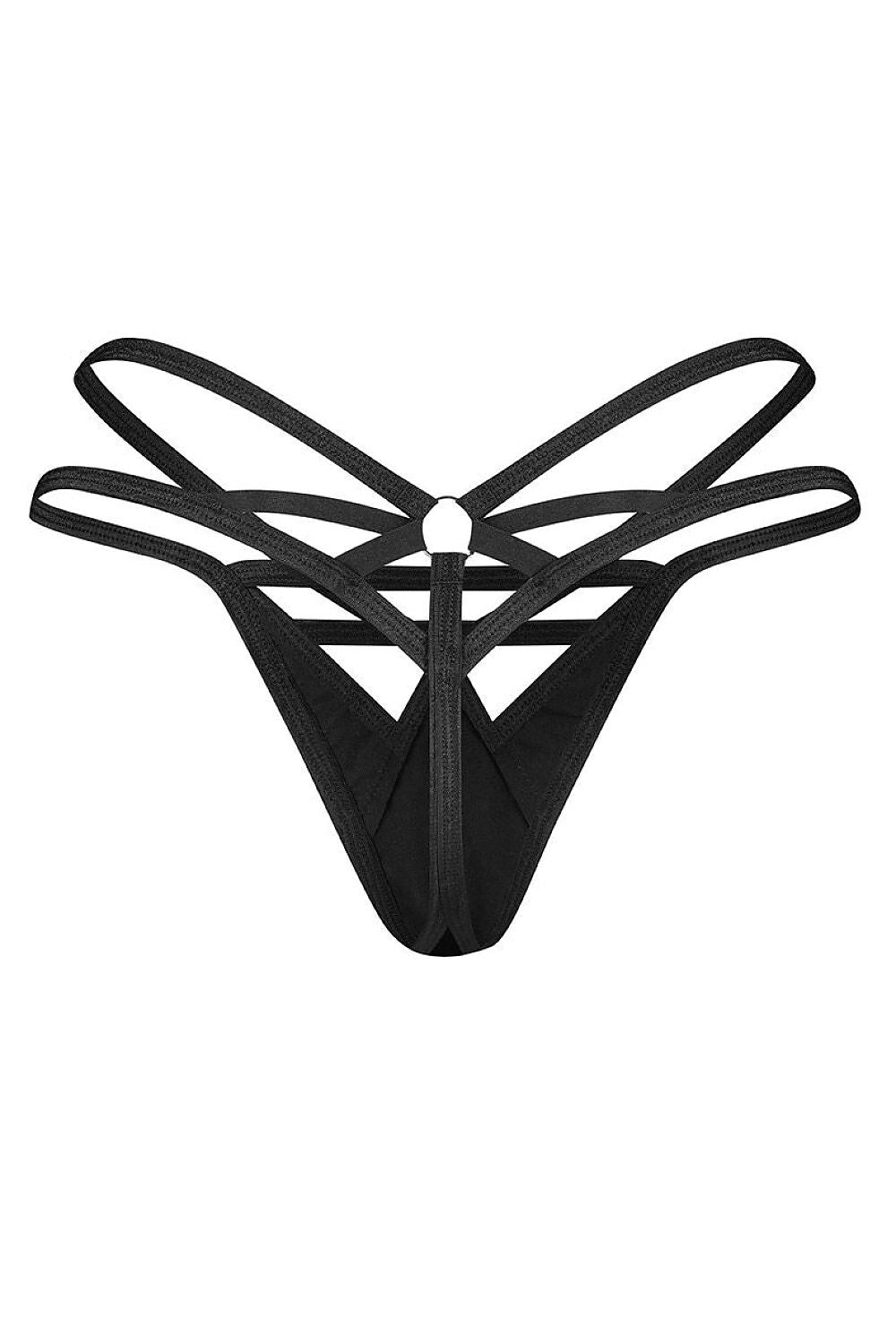 Women's Black Strap Detail Easy-fit Elastic Detail T-backs Thong back view