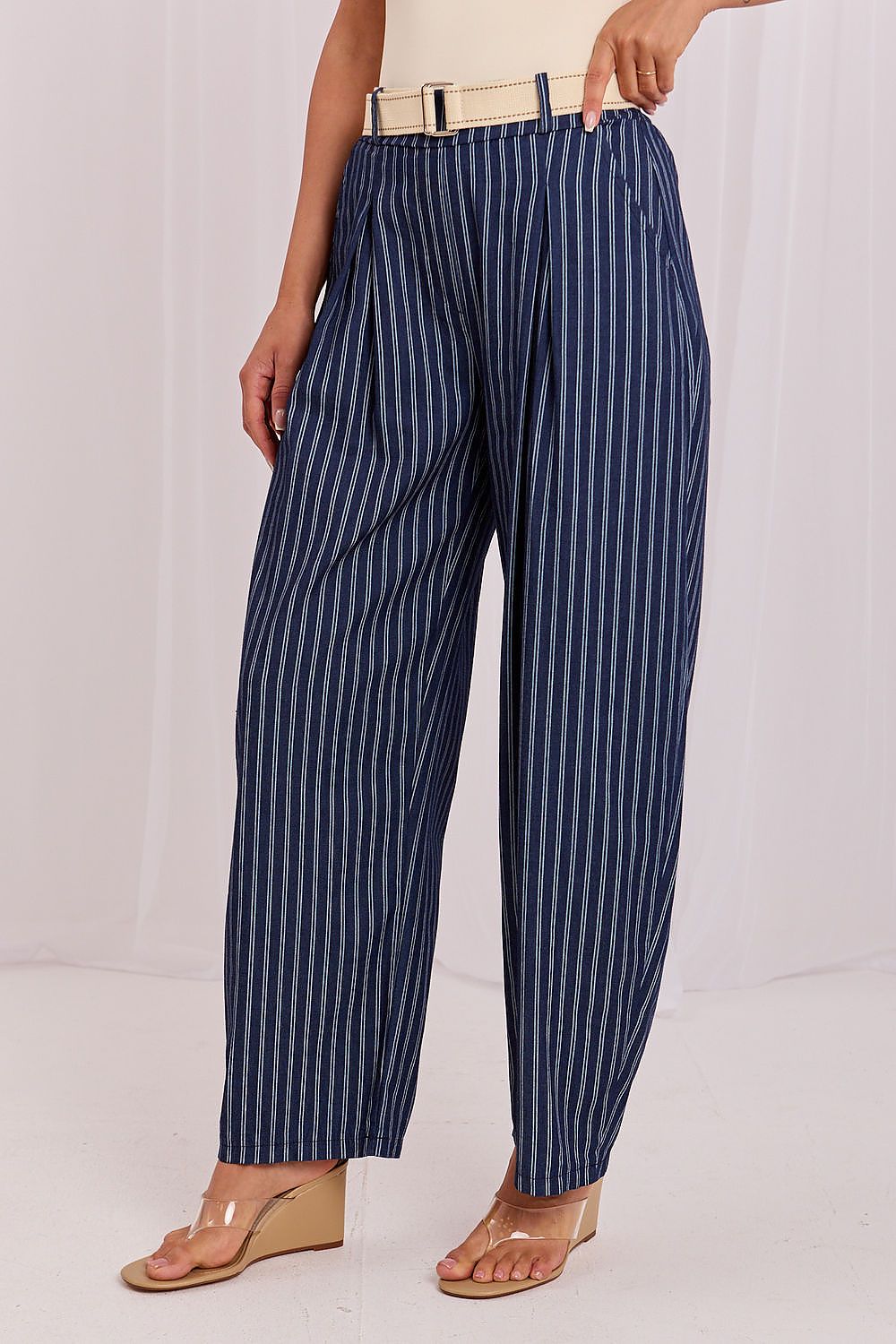 Women's Navy Blue Easy-fit Elastic Detail Women Trousers front view