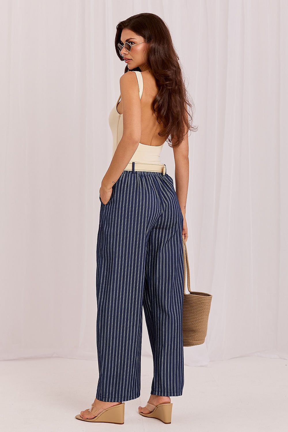 Women's Navy Blue Easy-fit Elastic Detail Women Trousers detail view