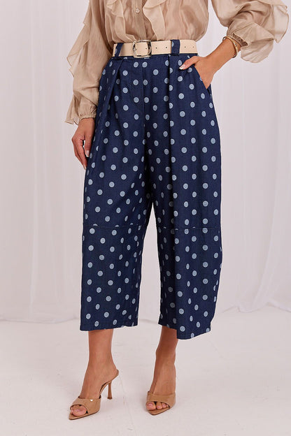 Women's Navy Blue Easy-fit Elastic Detail Culottes front view
