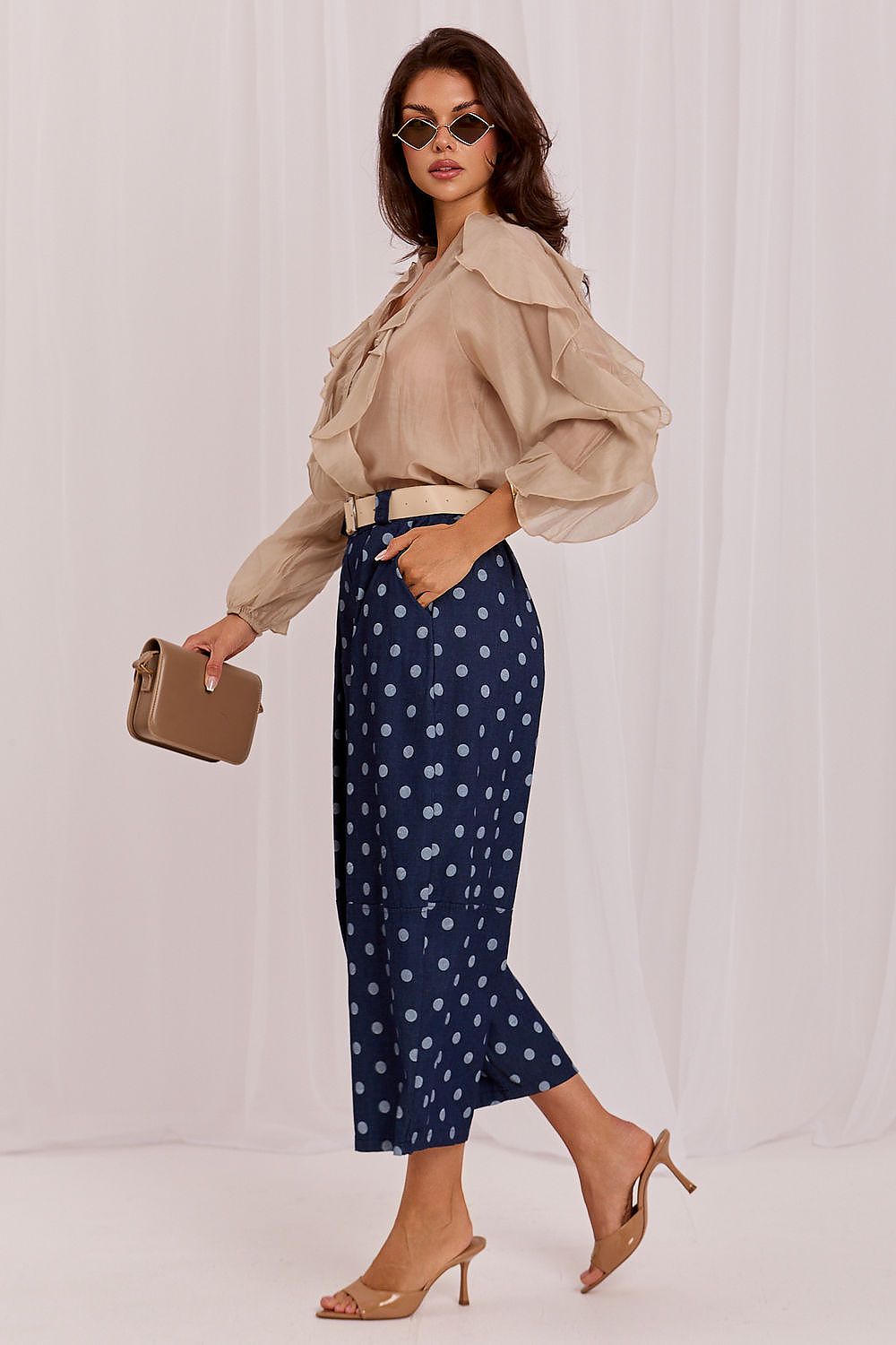Women's Navy Blue Easy-fit Elastic Detail Culottes side view