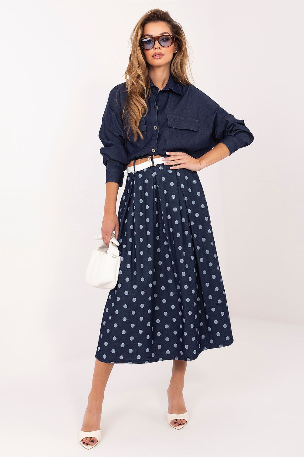 Women's Navy Blue Easy-fit Elastic Detail Skirt front view