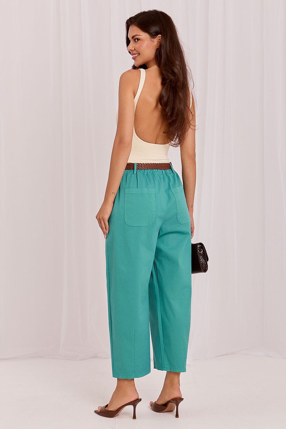 Women's Beige and Blue Easy-fit Elastic Detail Women Trousers view 6