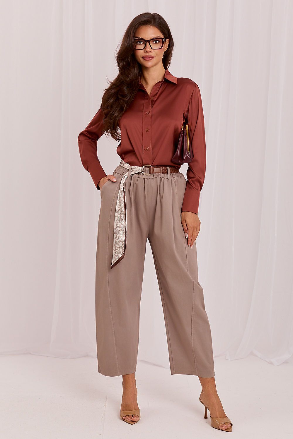 Women's Beige and Blue Easy-fit Elastic Detail Women Trousers view 7