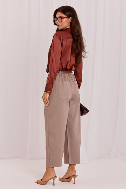 Women's Beige and Blue Easy-fit Elastic Detail Women Trousers view 9