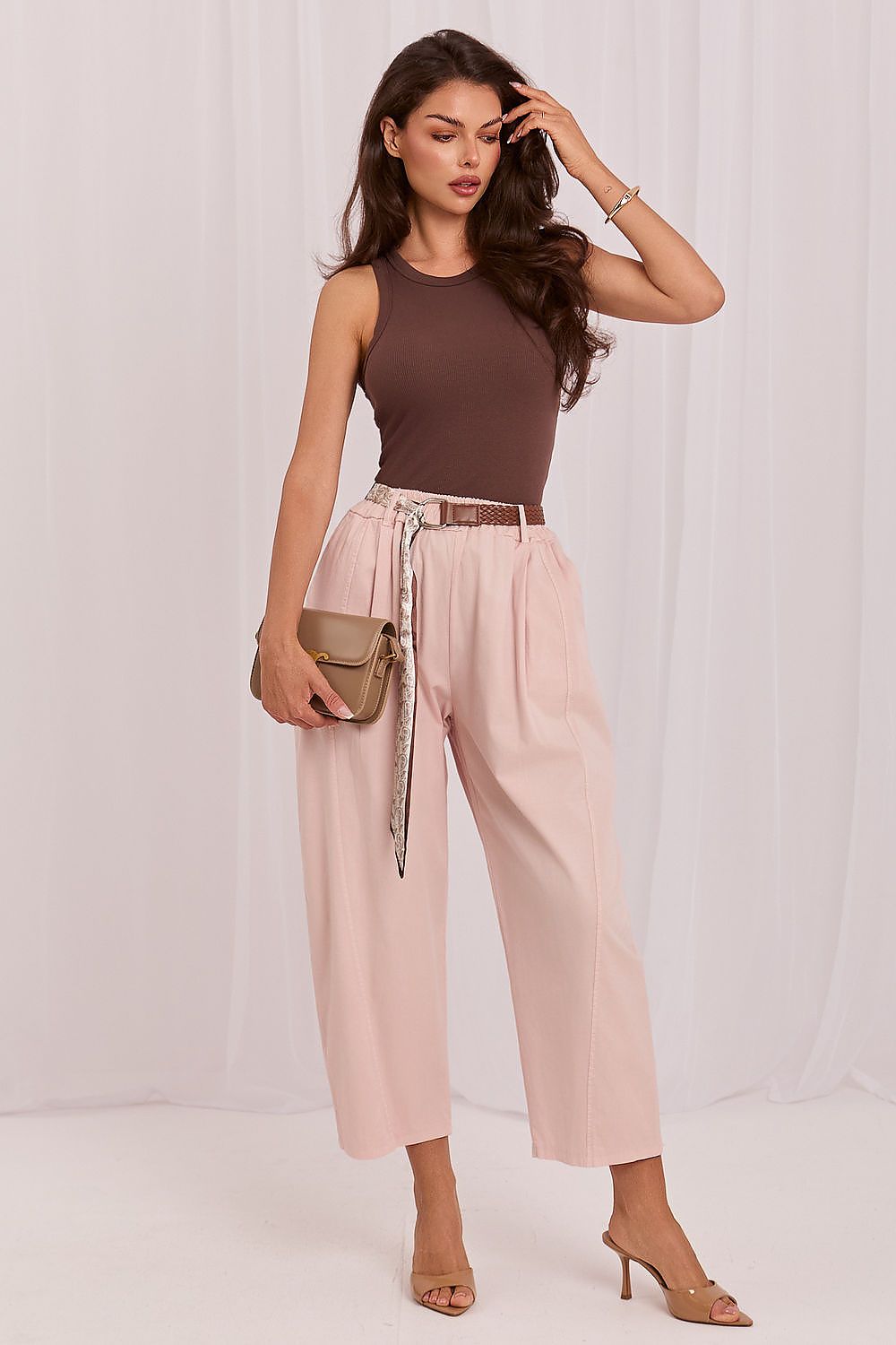 Women's Beige and Blue Easy-fit Elastic Detail Women Trousers view 10