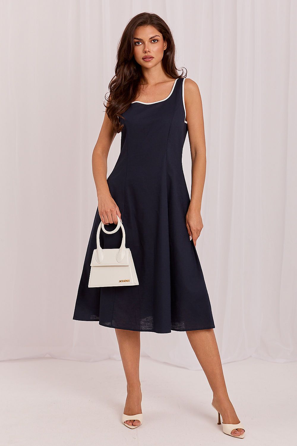Women's Navy Blue and Brown Strap Detail Daydress front view