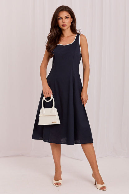 Women's Navy Blue and Brown Strap Detail Daydress front view