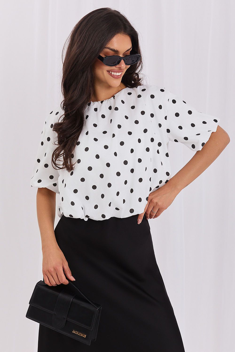Women's White and Black Easy-fit Elastic Detail Blouse front view