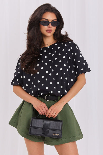 Women's White and Black Easy-fit Elastic Detail Blouse back view